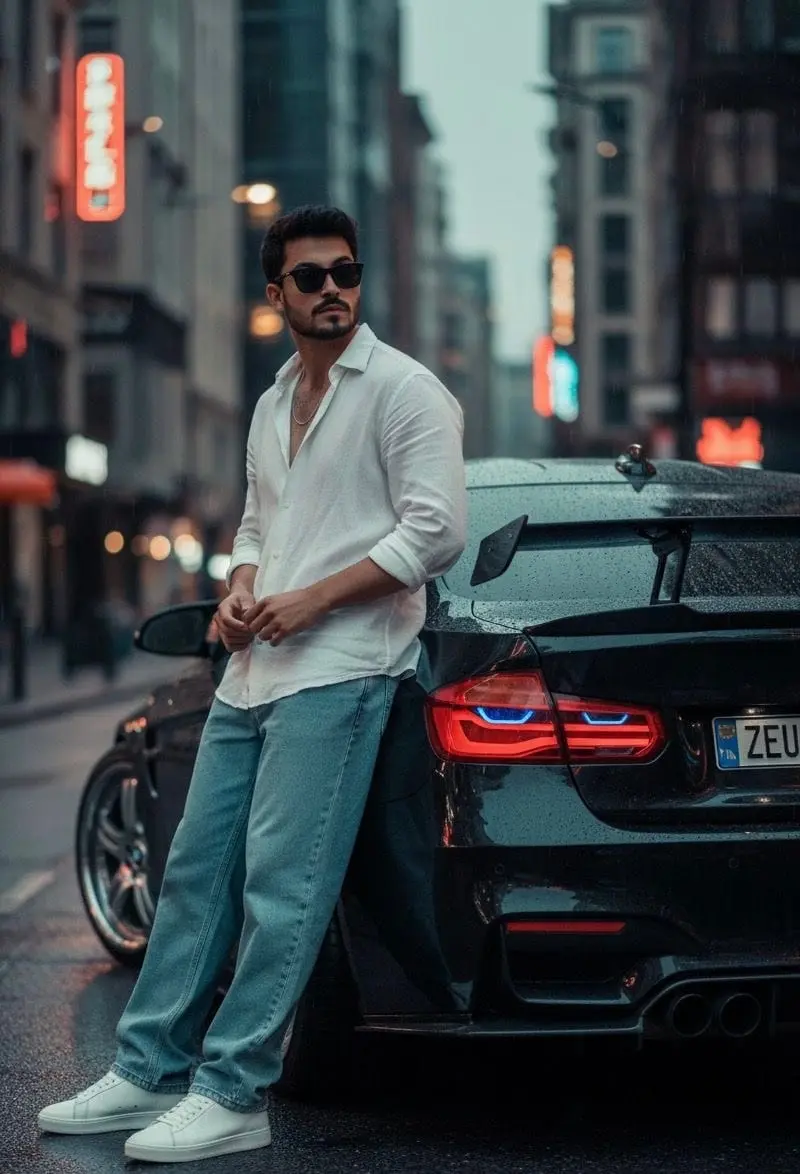 ¿Qué me pongo hoy? (hombre): camisa blanca de lino, vaqueros rectos azul claro y zapatillas blancas