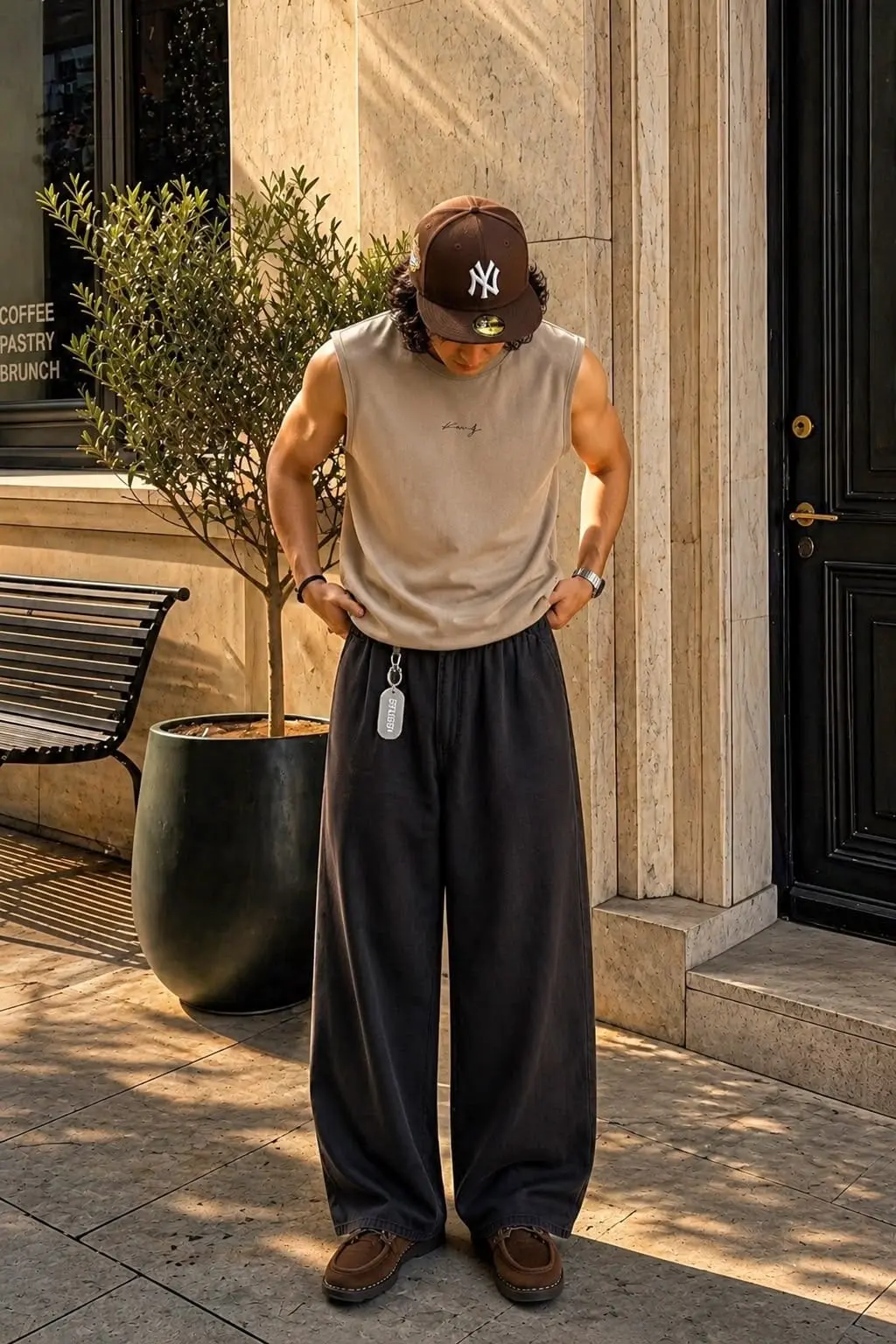 Outfit streetwear hombre: gorra de béisbol, camiseta sin mangas beige y pantalón negro ancho
