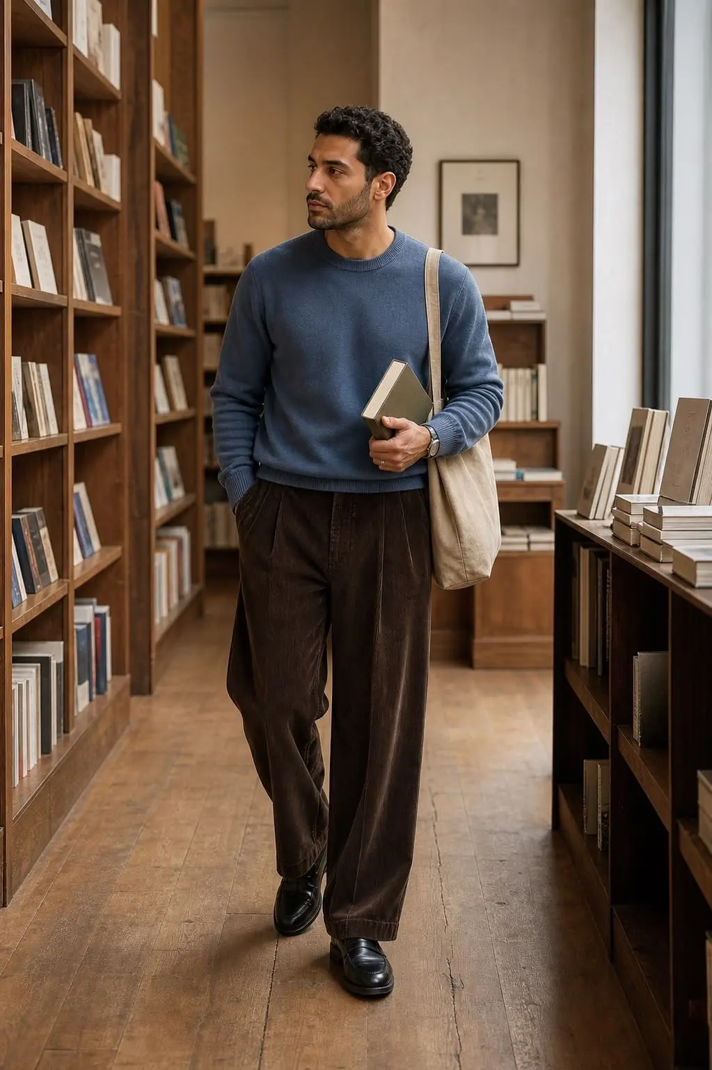 Outfit old money hombre: jersey azul, pantalón de pana marrón y zapatos negros