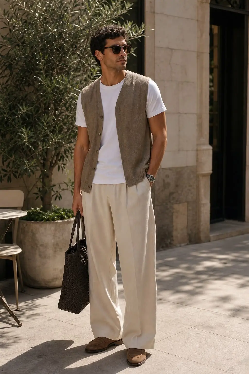 Beige y blanco (hombre): chaleco beige, camiseta blanca y pantalón ancho crema