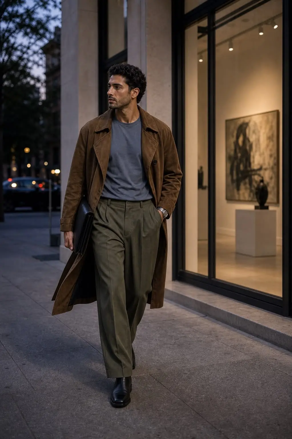 ¿Qué me pongo hoy? (hombre): gabardina marrón, camiseta gris y pantalón verde oliva