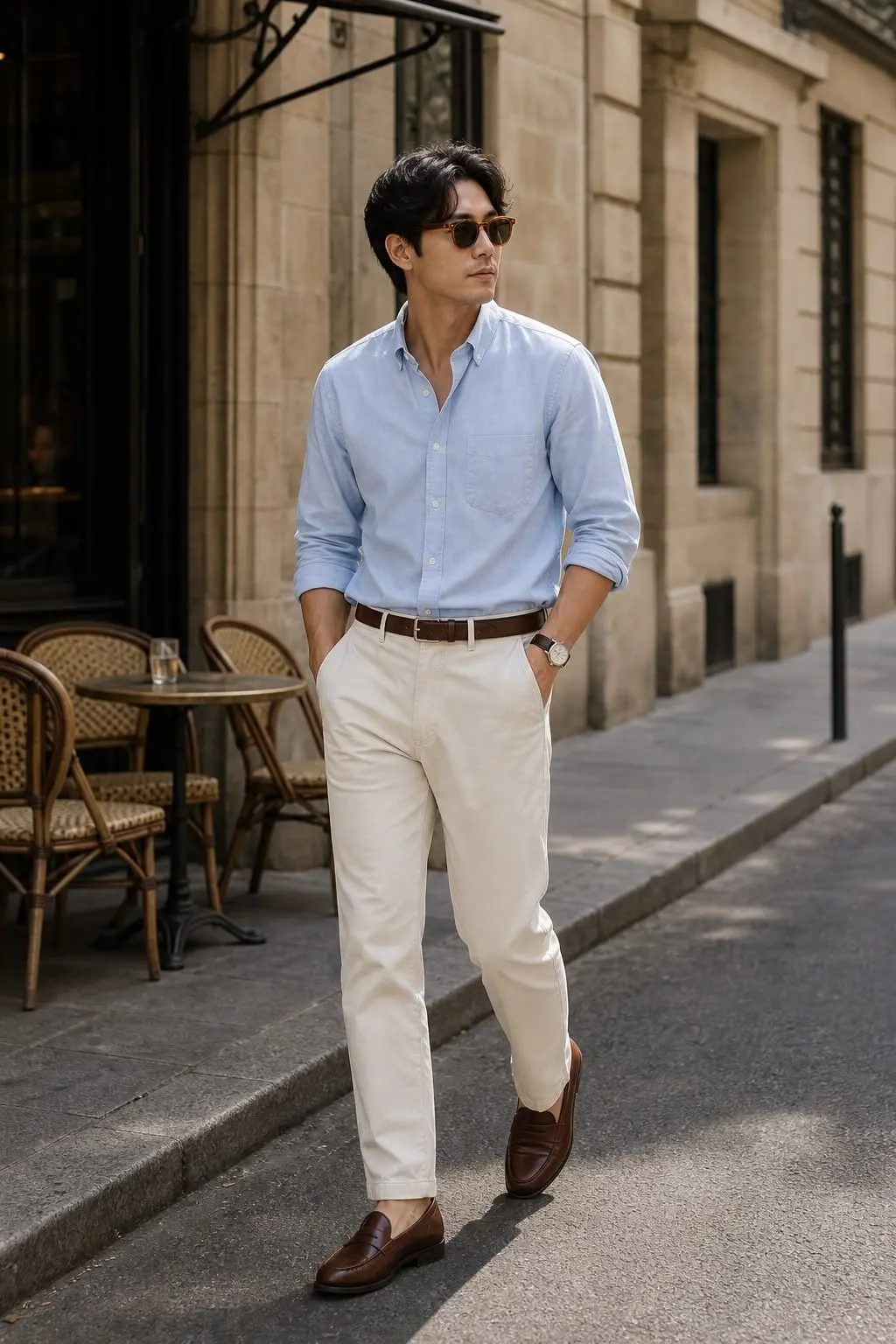 Outfit old money hombre: camisa oxford azul claro, chinos crema y mocasines marrones