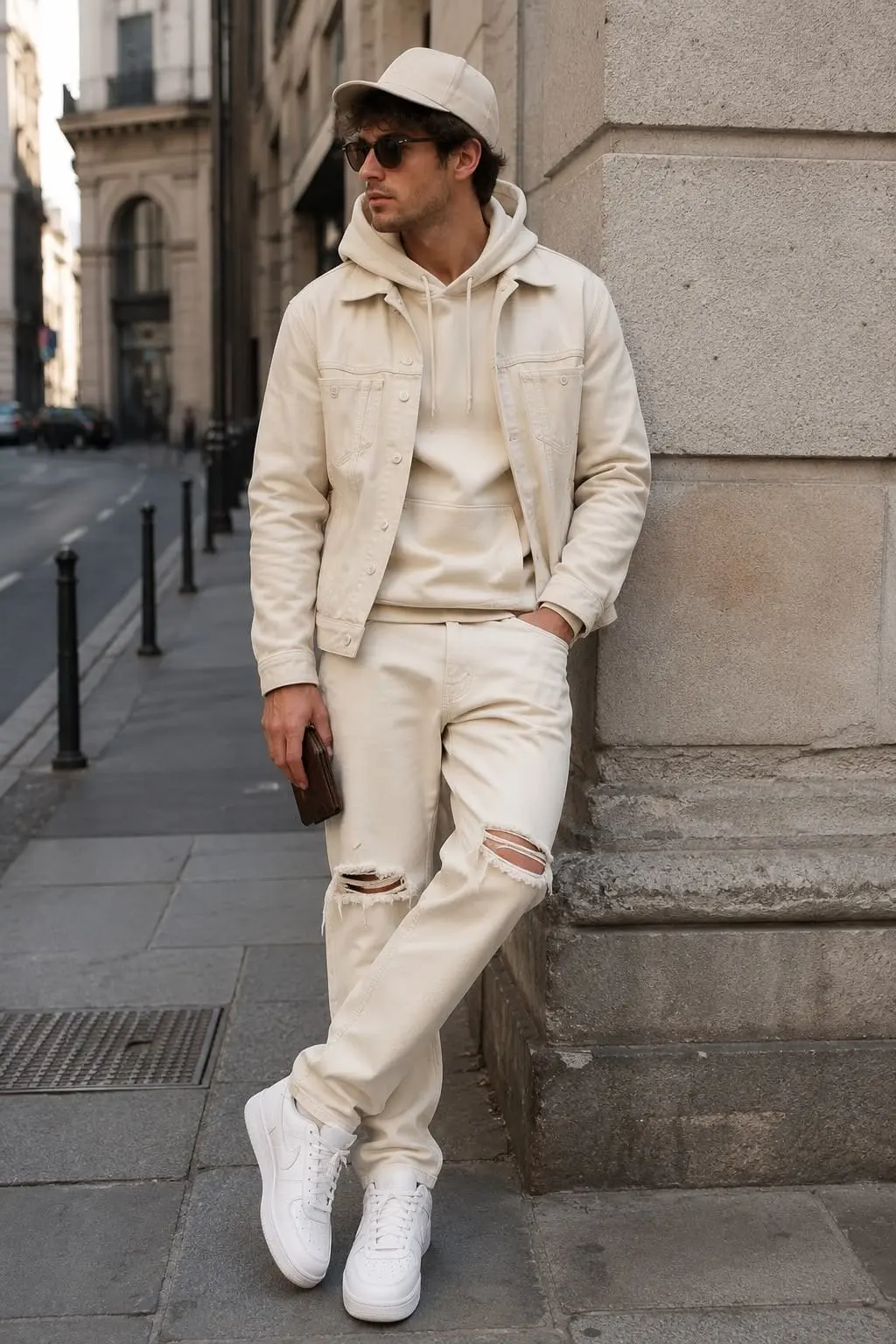 ¿Qué me pongo hoy? (hombre): sobrecamisa crema, sudadera con capucha, vaqueros rotos crema y zapatillas blancas