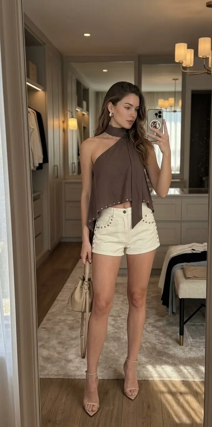 Outfit minimalist mujer: top asimétrico marrón con pañuelo, shorts crema y sandalias