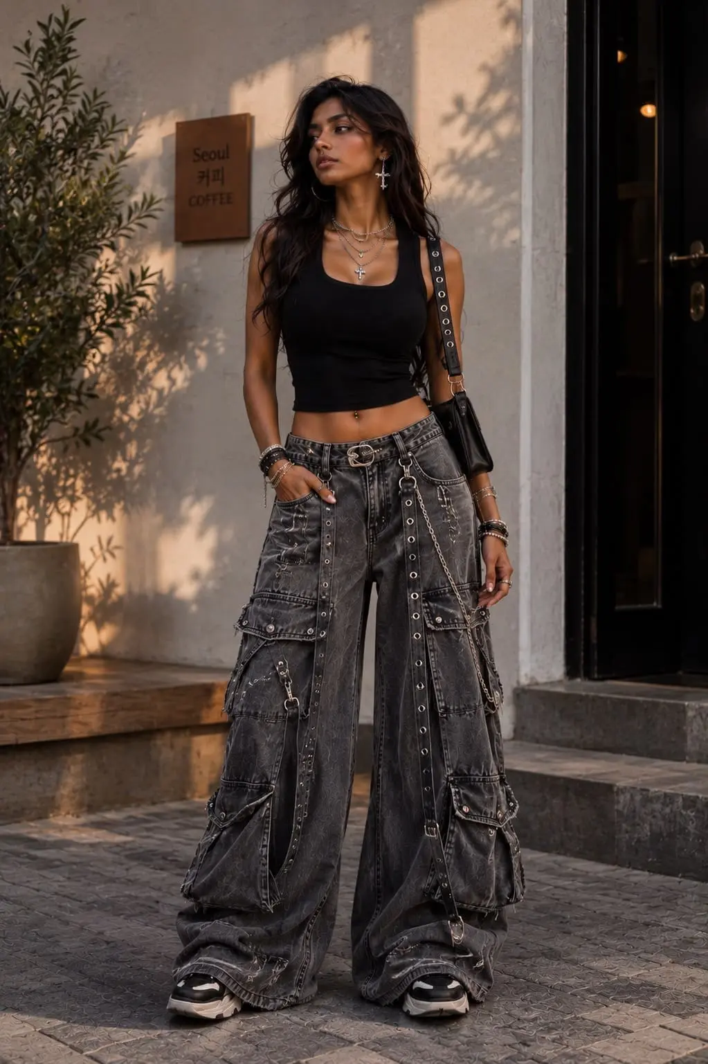 Outfits de entretiempo (mujer): top negro de tirantes y pantalón cargo vaquero gris desgastado