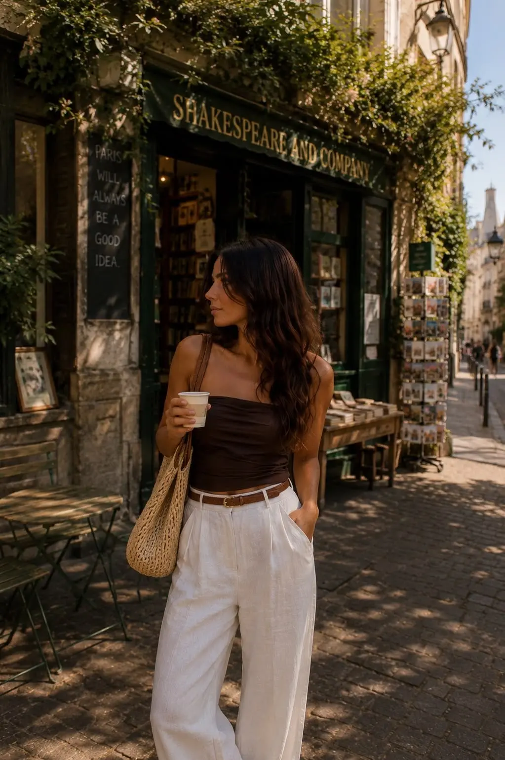 ¿Qué me pongo hoy? (mujer): top palabra de honor marrón, pantalón blanco de lino y bolso de rafia
