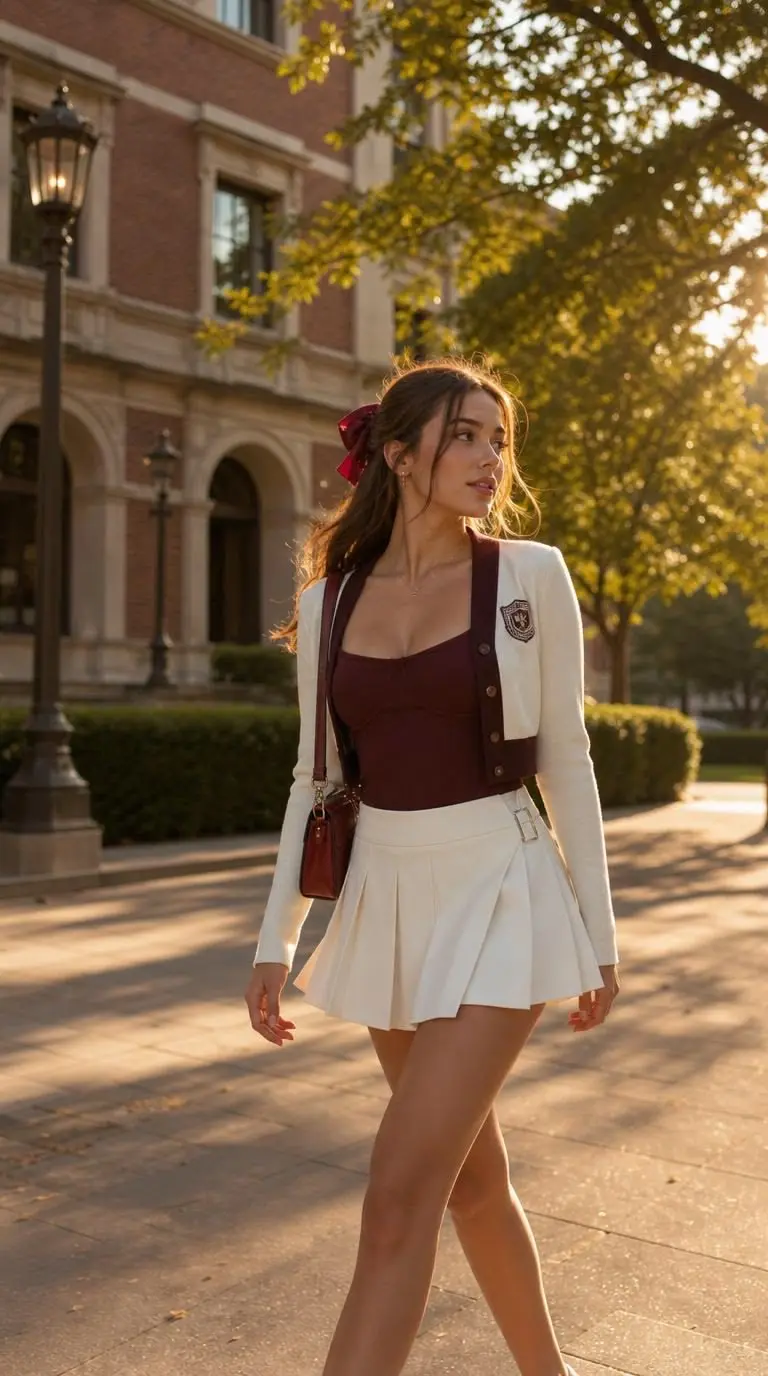 Outfit preppy mujer: top burdeos, cárdigan crema y minifalda plisada blanca