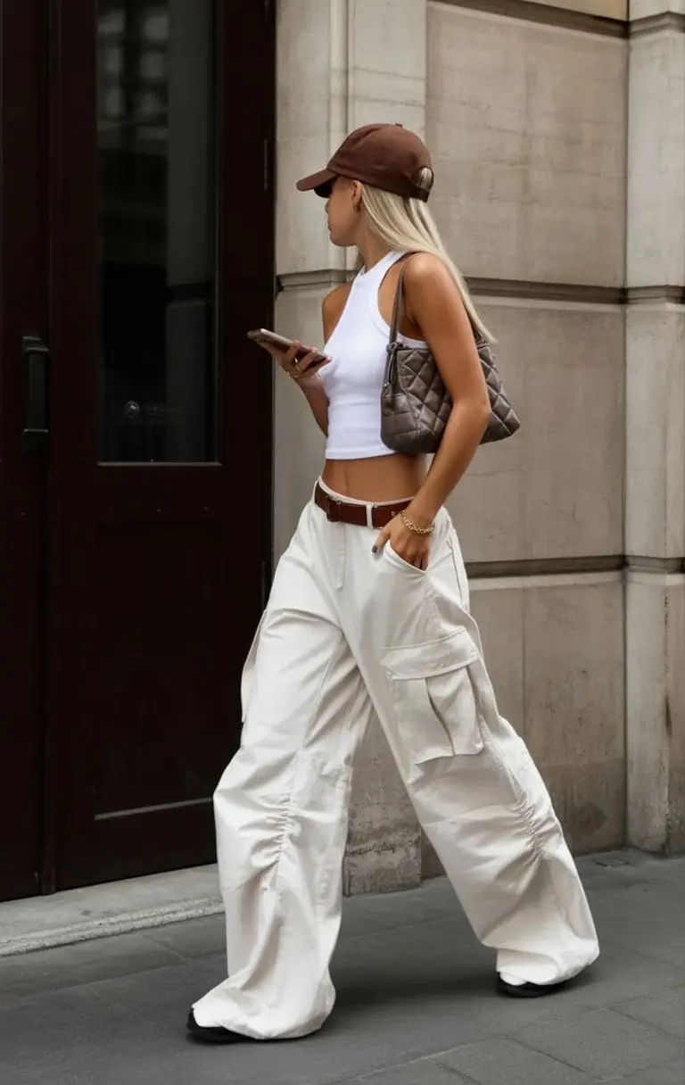 Outfit del día (mujer): gorra marrón, top blanco de tirantes y pantalón cargo blanco ancho