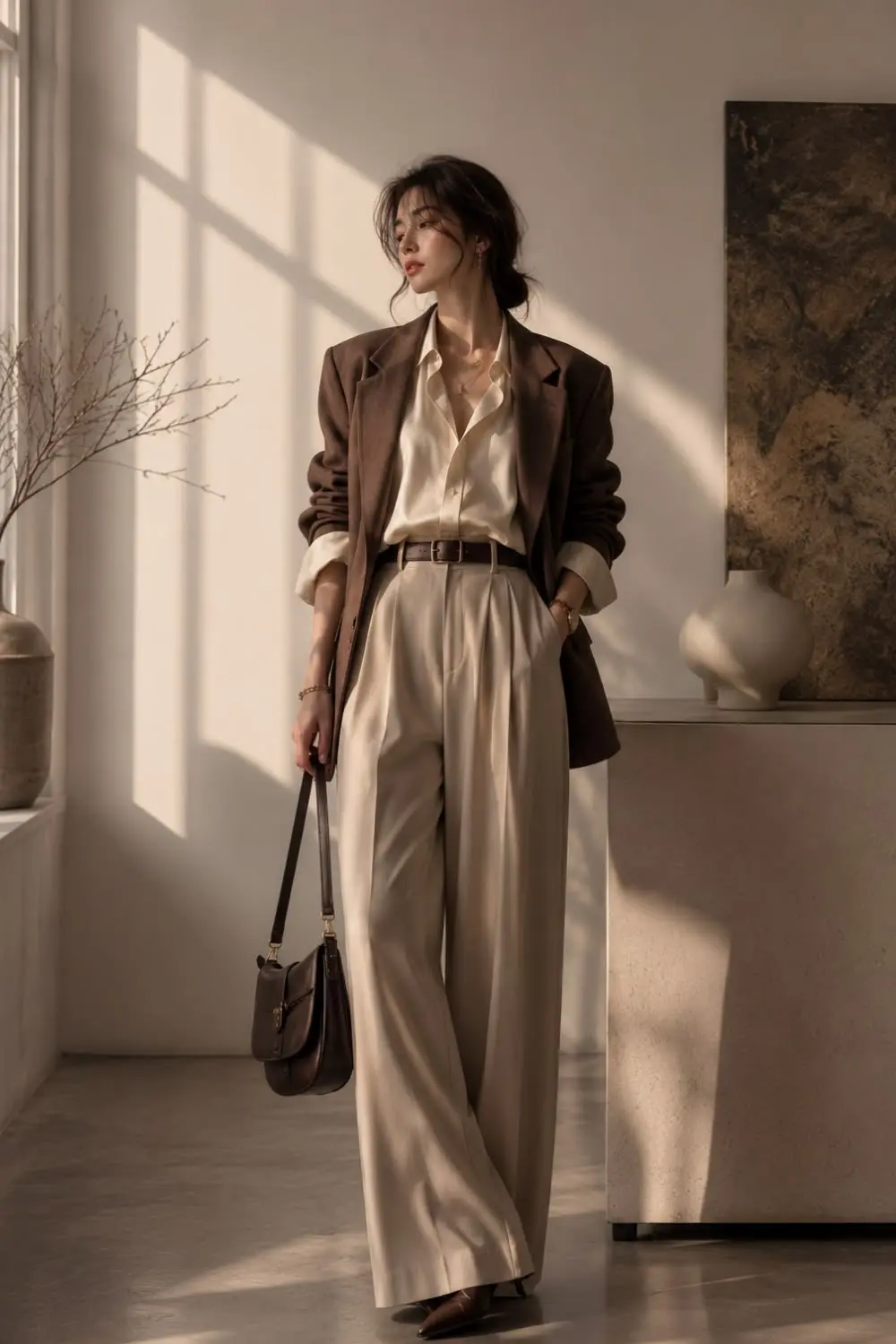 Outfit old money mujer: blazer marrón, camisa crema y pantalón ancho beige